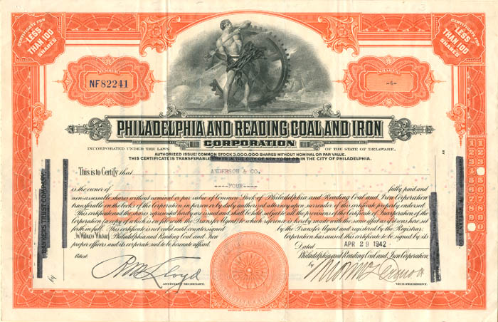 Philadelphia and Reading Coal and Iron Corporation - Stock Certificate